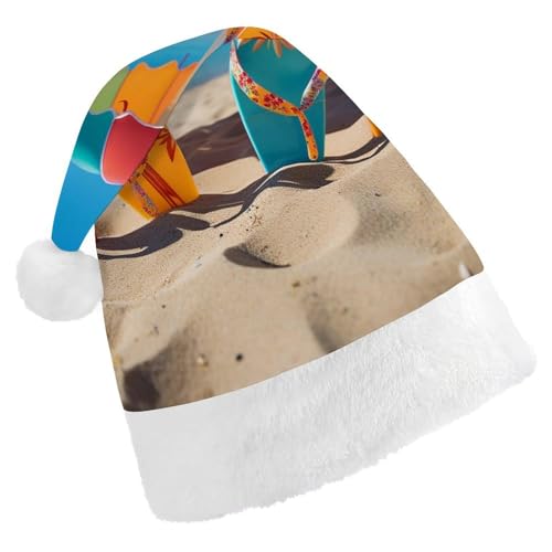 NTVOWPZO Weihnachtsmütze mit bunten Flip-Flops, Strandball, Weihnachtsmütze für Erwachsene, Weihnachtsmütze für Neujahr, festliche Party von NTVOWPZO