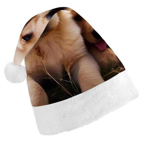 NTVOWPZO Weihnachtsmütze mit niedlichem Golden Retriever Welpe, Weihnachtsmütze für Erwachsene, Weihnachtsmützen für Neujahr, festliche Party von NTVOWPZO