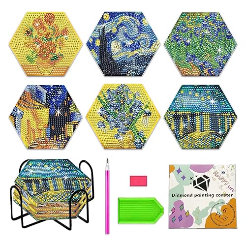 Diamond Painting Coasters Kits with Holder, 6 PCS Hexagonal Van Gogh Diamond Art Coasters Kit, DIY Diamond Painting Kits for Kids Adults Beginners von NUFTVI