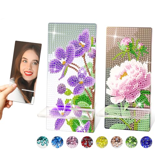 NUFTVI Diamond Painting Phone Holder Kits, 5D Full Crystal Diamond Art & Mirror Craft Kits Gift for Adult, Tabletop Decoration (2 Pack, Violet and Peony) von NUFTVI