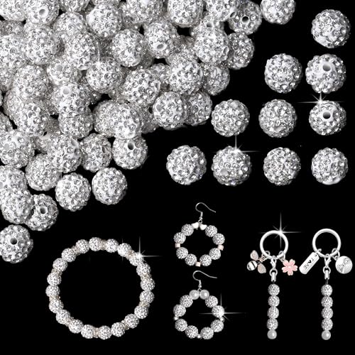 NUKAYAI 100 Stück weiße Strassperlen für Armbänder, Ohrringe, Schmuckherstellung, runde Polymer-Charms, Shamballa-Diamantperlen, Großpackung, glitzernde Tonperlen für DIY-Dekoration, von NUKAYAI