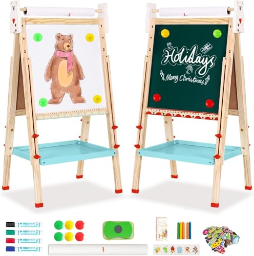 Kinder Spiel-Tafel aus Holz mit Papierrolle Doppelseitige Whiteboard und Tafel Staffelei mit Zahlen und Anderem Zubehör für Kinder und Kleinkinder von NUKied