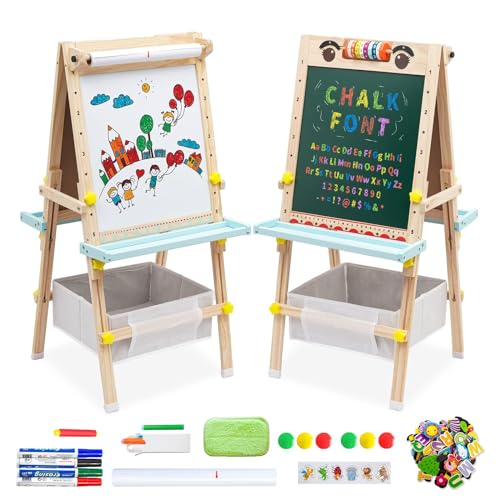 Kinder Tafel Holz Kindertafel Malerei Holztafel|Höhenverstellbar Doppelseitige Whiteboard und Tafel-Staffelei mit Papierrolle,Buchstaben und Zahlen und Anderem Zubehör für Kinder 2-8 Jahren von NUKied