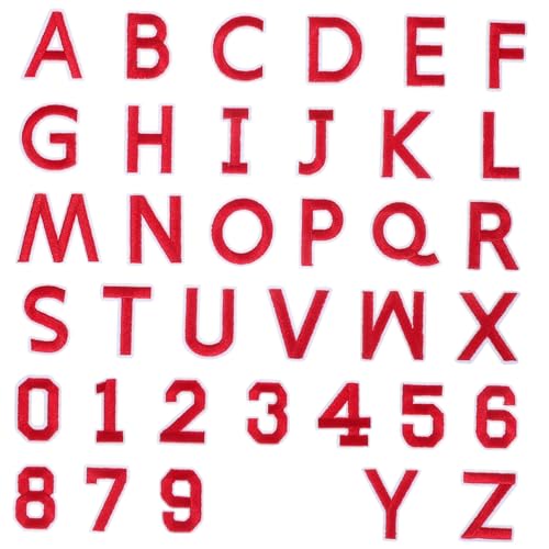 NUOBESTY 72 Stück Buchstaben Stickaufkleber Alphabet Aufnäher Rucksack Aufnäher Schuh Aufnäher Rote Buchstaben Aufnäher Alphabet Gestickte Aufnäher Zahlen Aufnäher Zum Aufbügeln von NUOBESTY