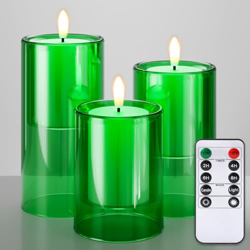 NURADA Flammenlose Kerzen mit Fernbedienung, Timer, Glashalter, Echtwachs, 3D-Docht, LED-Stumpenkerzen-Set, batteriebetrieben, flackerndes Licht für Weihnachten, Heimdekoration, Grün, 3 Stück von NURADA