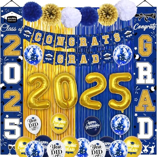 Abschlussdekorationen, Klasse 2024, Abschlussbanner, Glückwunsch-Banner, Abschlussballons, Papier-Pompons, Folienvorhänge für Abschlussfeier 2024 (Blaugold) von NUTTYBASH