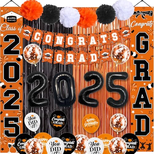 Abschlussdekorationen, Klasse 2024, Abschlussbanner, Glückwunsch-Banner, Abschlussballons, Papier-Pompons, Folienvorhänge für Abschlussfeier 2024 (Orange / Schwarz) von NUTTYBASH