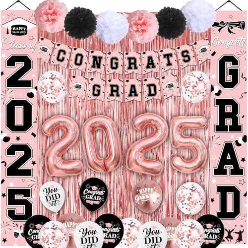 Abschlussdekorationen, Klasse 2025, Abschlussbanner, Glückwunsch-Banner, Abschlussballons, Papier-Pompons, Folienvorhänge für Abschlussfeier 2025 (Rosa-Schwarz) von NUTTYBASH