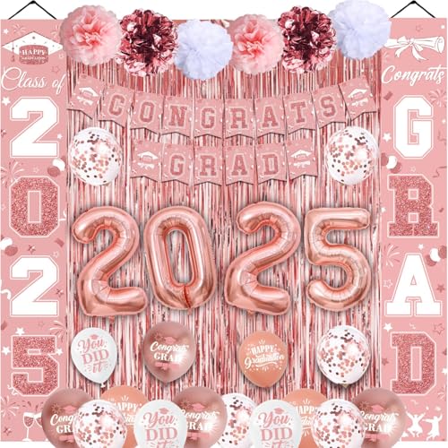 Abschlussdekorationen, Klasse 2025, Abschlussbanner, Glückwunsch-Banner, Abschlussballons, Papier-Pompons, Folienvorhänge für Abschlussfeier 2025 (Rosa-Weiß) von NUTTYBASH