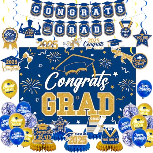 NUTTYBASH Blau Gold 2025 Graduation Hintergrund Set Dekorationen Abschluss Dekorationen einschließlich Congrats Grad Hintergrund Banner hängende Wirbel Latex Ballons Wabe Abschlussfeier Supplies von NUTTYBASH