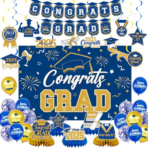 NUTTYBASH Blau Gold 2025 Graduation Hintergrund Set Dekorationen Abschluss Dekorationen einschließlich Congrats Grad Hintergrund Banner hängende Wirbel Latex Ballons Wabe Abschlussfeier Supplies von NUTTYBASH