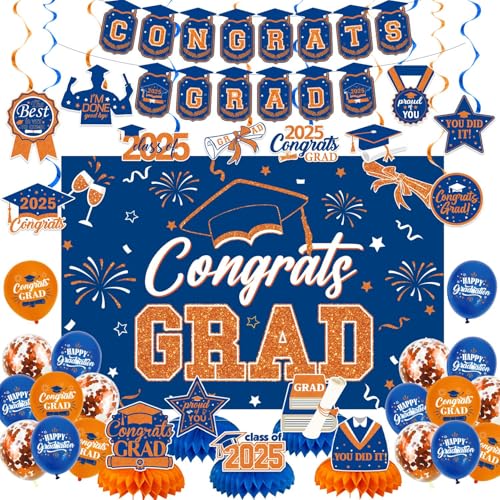 NUTTYBASH Blau Orange 2025 Graduation Hintergrund Set Dekorationen Abschluss Dekorationen Einschließlich Congrats Grad Hintergrund Banner Hängende Wirbel Latex Ballons Honeycomb Graduation Party von NUTTYBASH