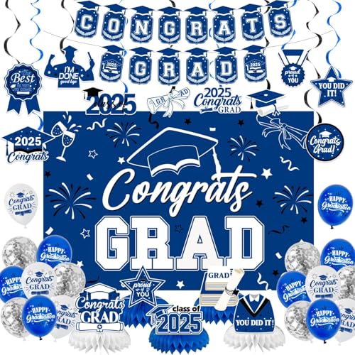 NUTTYBASH Blau Weiß 2025 Graduation Hintergrund Set Dekorationen Abschluss Dekorationen Einschließlich Congrats Grad Hintergrund Banner Hängende Wirbel Latex Ballons Honeycomb Graduation Party von NUTTYBASH