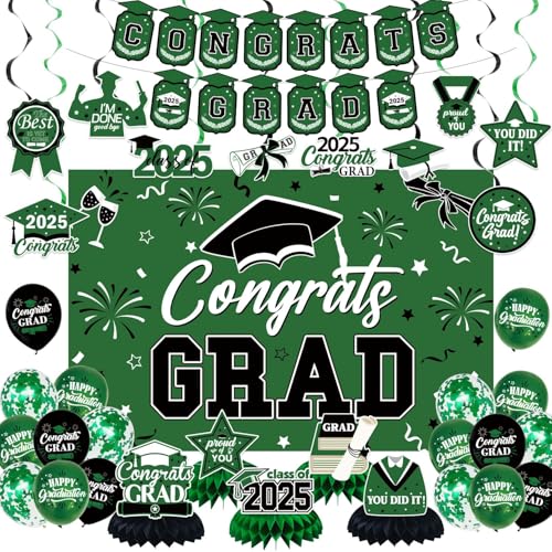 NUTTYBASH Grün/Schwarz 2025 Graduation Hintergrund Set Dekorationen Abschluss Dekorationen einschließlich Congrats Grad Hintergrund Banner Hängende Wirbel Latex Ballons Honeycomb Graduation Party von NUTTYBASH