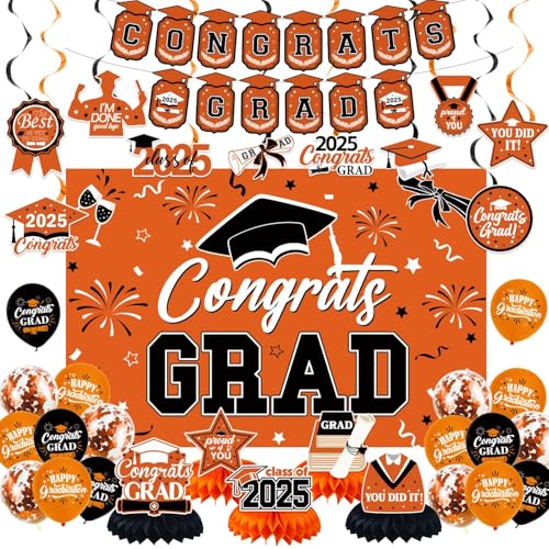 NUTTYBASH Orange Schwarz 2025 Graduation Hintergrund Set Dekorationen Abschluss Dekorationen Einschließlich Congrats Grad Hintergrund Banner Hängende Wirbel Latex Ballons Honeycomb Graduation Party von NUTTYBASH