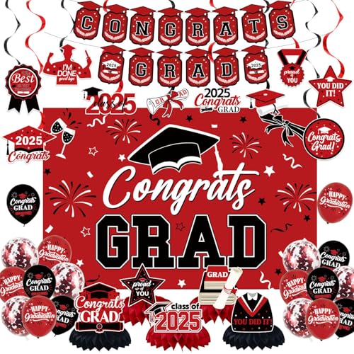 NUTTYBASH Rot Schwarz 2025 Graduation Hintergrund Set Dekorationen Abschluss Dekorationen einschließlich Congrats Grad Hintergrund Banner Hängende Wirbel Latex Ballons Honeycomb Graduation Party von NUTTYBASH