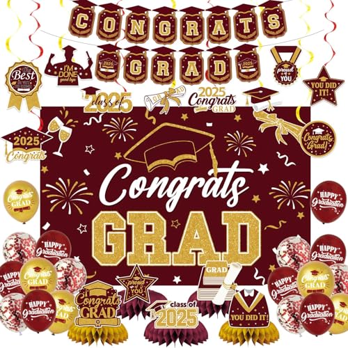 NUTTYBASH Weinrot Gold 2025 Graduation Hintergrund Set Dekorationen Abschluss Dekorationen einschließlich Congrats Grad Hintergrund Banner hängende Wirbel Latex Ballons Wabe Abschlussfeier Supplies von NUTTYBASH