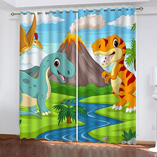 NUYSP Cartoon-Dinosaurier Vorhang Blickdicht B 220 X H 215cm Polyester Vorhänge mit Ösen 2er Set Gardinen, 3D Gedruckt Tier Verdunkelungsvorhang für Kinderzimmer Wohnzimmer Schlafzimmer von NUYSP