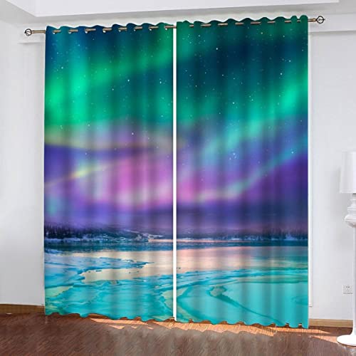 NUYSP Nordlichter Vorhang Blickdicht B 110 X H 95 cm Polyester Vorhänge mit Ösen 2er Set Gardinen, 3D Gedruckt Kosmische Landschaft Verdunkelungsvorhang für Kinderzimmer Wohnzimmer Schlafzimmer von NUYSP