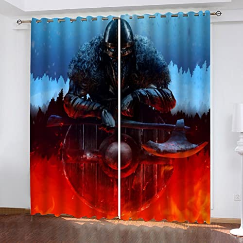 NUYSP Wikinger Vorhang Blickdicht B 110 X H 95 cm Polyester Vorhänge mit Ösen 2er Set Gardinen, 3D Gedruckt Fantasy-Krieger Verdunkelungsvorhang für Kinderzimmer Wohnzimmer Schlafzimmer von NUYSP