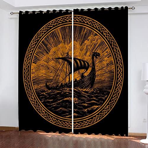 NUYSP Wikinger Vorhang Blickdicht B 150 X H 166 cm Polyester Vorhänge mit Ösen 2er Set Gardinen, 3D Gedruckt Nordischen Mythologie Verdunkelungsvorhang für Kinderzimmer Wohnzimmer Schlafzimmer von NUYSP