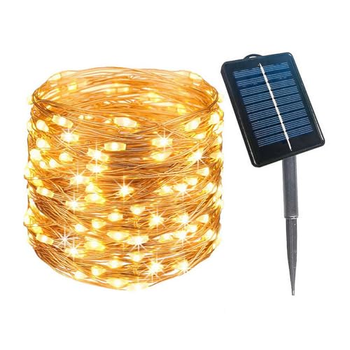 NUZAMAS Solar-Lichterkette, 10 Meter, 100 LEDs, Solar-Lichterkette, wasserdicht, solarbetrieben, Kupferdraht-Lichter für Hochzeiten, Häuser, Partys, Halloween im Freien, Warmweiß von NUZAMAS