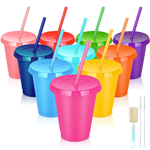 10 Stück Plastikbecher Mehrweg mit Deckel & Strohhalm - 16oz Farbwechsel Becher Kalter Eiskaffee Trinkbecher, Erwachsene Kinder Partybecher Tasse Cup Travel Mug von NUZEKY