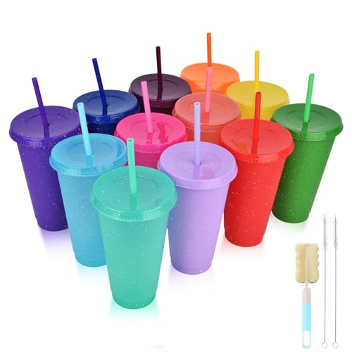 Trinkbecher mit Deckel und Strohhalm: 12 Stück Becher mit Deckel und Strohhalm 710ml- Kunststoffbecher für kinder Erwachsene Party-Becher Trink-Becher Party-Geschirr Camping-Geschirr von NUZEKY