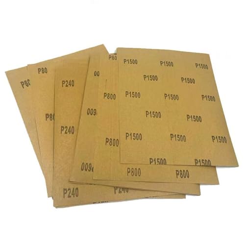 Goldfarbenes Schleifpapier mit Klettverschluss auf der Rückseite, 5,5 x 4,5 Zoll, 4 pro 40 insgesamt – für Zimmerei, Automobil, Handschleifmaschine, 1500,100 Stück, 280 x 230 mm von NUZIXINXW