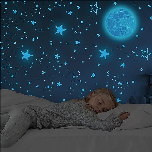 Nuvance 1049 stücke Leuchtsterne Kinderzimmer - Blaue Wandtattoo Kinderzimmer, Leuchtsterne Selbstklebend Wandsticker , Mond und Sterne Fluoreszierend Wandaufkleber für Kinder und Kleinkinderzimmer von NV Nuvance