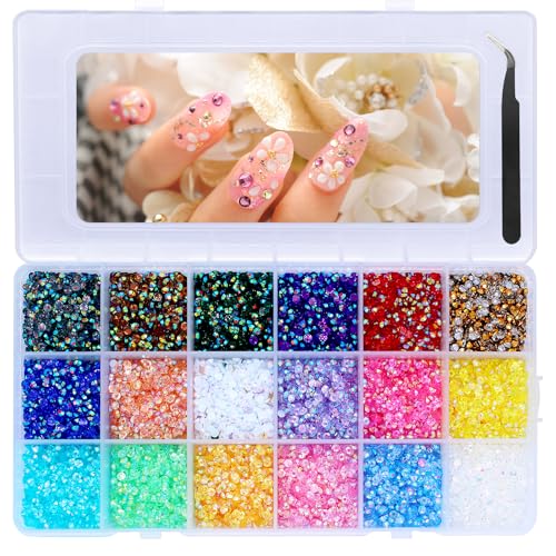 NVGFTG 18000 Stück Rhinestones Set 3 mmn Strasssteine 18 Farben Bunte Glitzersteine Nägel Mini Nagel Steine Flache Rückseite Kristall Jelly Strasssteine mit Pinzette für DIY Nägel Handwerk von NVGFTG