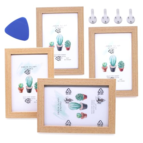 NVGFTG 4 Stück Bilderrahmen Set 10 cm × 15 cm Holz Fotorahmen mit Acrylglas für Tischplatte und Wanddekoration, mit Halterung und Haken (Holzfarbe) von NVGFTG