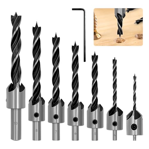 NVGFTG 7 Stück HSS 5 Flute Senker Bohrer Set 3 4 5 6 7 8 10 mm Senkbohrer mit Inbusschlüssel, Screwdriver Reibahle Holzverarbeitung Countersink Drill Werkzeug für Holz, Kunststoff von NVGFTG