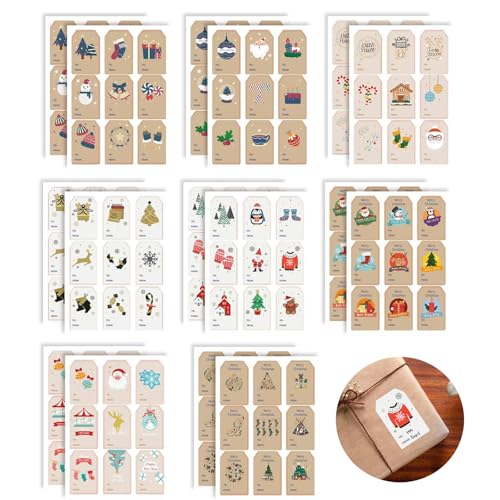 NVGVUP 144 Stück Weihnachtsetiketten Aufkleber, 72 Muster von Weihnachtsanhängern für Geschenke, Weihnachtsnamen Geschenkanhänger Aufkleber 33 × 53 mm, selbstklebende Weihnachtsaufkleber für von NVGVUP