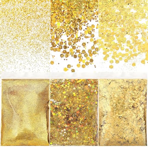 NVGVUP 150g Glitzer zum Basteln, Gold Glitzerpulver Pailletten, Gemischte Grobe Feine Gold Farben Glitzerpulver, Glitzerpuder für Nägel Kunst Gesicht Kartenbasteln Handwerk, 3 Größen(0.2mm, 1mm, 3mm) von NVGVUP