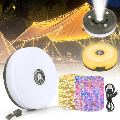 Camping Lichterkette, Aufrollbar Campinglampe mit 10m Led Lichterkette, Wasserdichte Tragbare Verstaubare Lichterkette, USB Wiederaufladbareled Außenlichterketten, Led Camping Licht Außen für Outdoor von NVIYAM