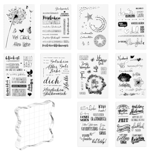 NVIYAM Silikonstempel Set, 10 Blätter Silikon Stempel Sprüche Deutsch Klare Stempel Glückwunsch Stempelmotive Clear Stamps, mit Acrylblock, Geeignet für DIY Hochzeitseinladung Tagebuch clear stamp von NVIYAM