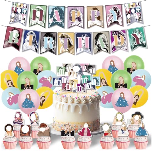 30 Stück Singer Party Dekoration Set,Sängerin Geburtstagsparty Dekoration Cupcake Topper Luftballons Banner Happy Birthday Cake Topper Singer Cartoon Kuchen Topper Zubehör Für Geburtstag Party von NVKRLFYD