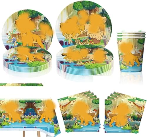 51PCS Lion Geburtstag Party Set, Lion Partygeschirr Set Kindergeburtstag Geburtstag Party Supplies Set Teller, Becher, Servietten,Tischdecke Für Kinder Deko Partyzubehör(10 Gäste) von NVKRLFYD