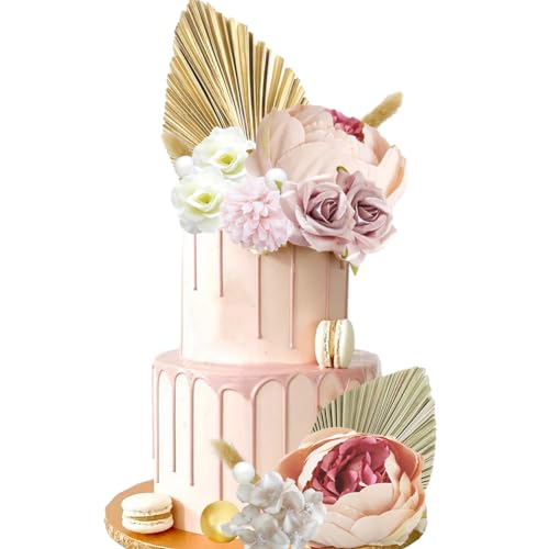 Boho Kuchen Deko Set,14 Stück Palmenblätter Tortendeko Blumen Papierförmige Palmenblätter Cake Topper Undgoldenen Kugeln Für Geburtstag Blume Kuchen Topper Für Männer Frau DIY Geburtstag Hochzeit von NVKRLFYD