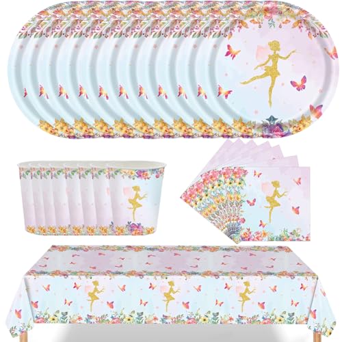 Fee Partygeschirr Set, 61pcs Ballerina Partygeschirr Set Schmetterling Geburtstag Party Geschirr Rosa Ballerina Pappteller Set Tischdecke, Servietten, Tanzendes Mädchen, für Mädchen Geburtstag von NVKRLFYD