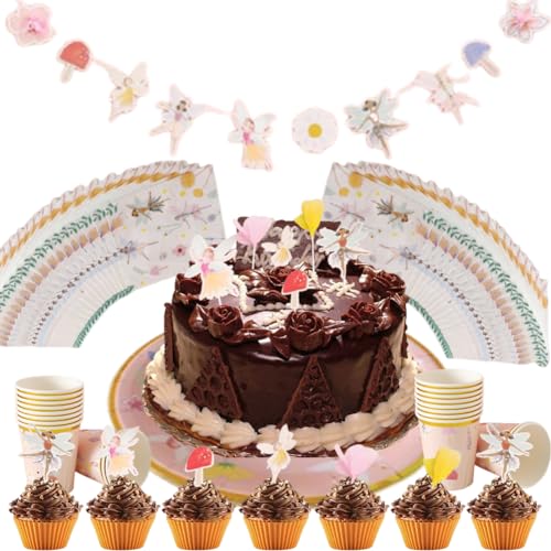 NVKRLFYD 66 Stück Feenparty-Geschirr-Sets Einweggeschirr Pappteller Pappbecher Seidenpapier Kuchendekoration Banner Babyparty Geburtstag Hochzeit Party Ein Set für 10 Personen von NVKRLFYD