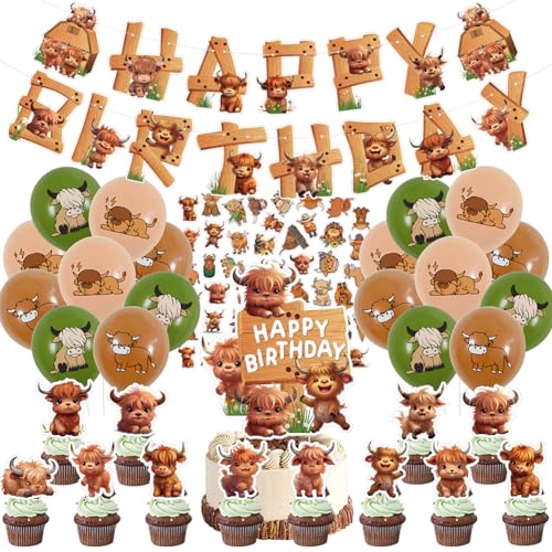 NVKRLFYD 78 Stück Highland Cow Geburtstag Dekoration Set Party Zubehör Hochland Rinder Party Supplies Happy Birthday Banner Ballon Hochland Kuh Thema Kuchen Dekoration Aufkleber Geburtstagsparty von NVKRLFYD