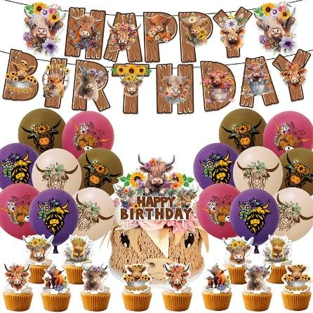 NVKRLFYD 81 Stück Highland Cow Geburtstag Dekoration Set Party Zubehör Hochland Rinder Party Supplies Happy Birthday Banner Ballon Hochland Kuh Thema Kuchen Dekoration Aufkleber Geburtstagsparty von NVKRLFYD