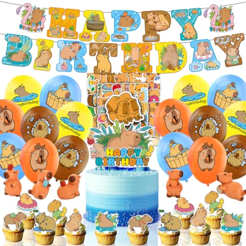 NVKRLFYD 86 Stück Capybara Geburtstag Dekoration Set Ballon Happybirthday Breit Kuchendekoration Cupcake-Verzierung Wasserschwein-Aufkleber Dekoratives Figurine Miniaturen Geburtstagsparty von NVKRLFYD