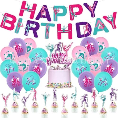 NVKRLFYD 91 Stück Gymnastik Geburtstagsdekoration Set Happy Birthday Banner Thematische Luftballons Tortenverzierung Cupcake Dekorieren Wasserdichte Aufkleber Gummiarmband Geburtstagsparty von NVKRLFYD