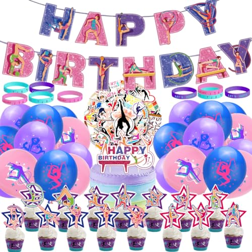 NVKRLFYD 96 Stück Gymnastik Geburtstagsdekoration Set Happy Birthday Banner Thematische Luftballons Tortenverzierung Cupcake Dekorieren Wasserdichte Aufkleber Gummiarmband Geburtstagsparty von NVKRLFYD