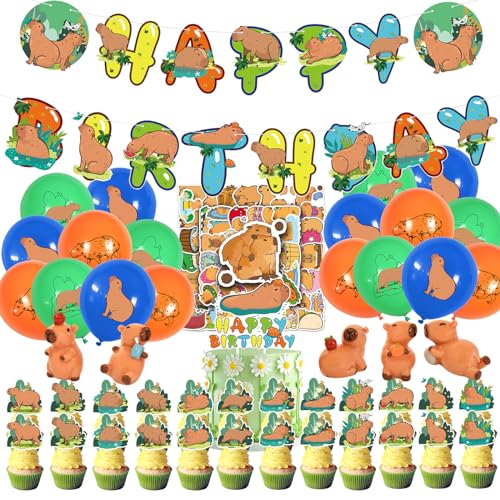 NVKRLFYD 99 Stück Capybara Geburtstag Dekoration Set Ballon Happybirthday Breit Kuchendekoration Cupcake-Verzierung Wasserschwein-Aufkleber Dekoratives Figurine Miniaturen Geburtstagsparty von NVKRLFYD