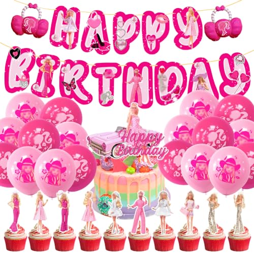 NVKRLFYD Barie Deko Geburtstag Ballons, Cake Topper, Pink Prinzessin Geburtstagsdeko, Mädchen Geburtstag Dekorationen Happy Birthday Banner Barie Prinzessin Geburtstag Deko Set von NVKRLFYD