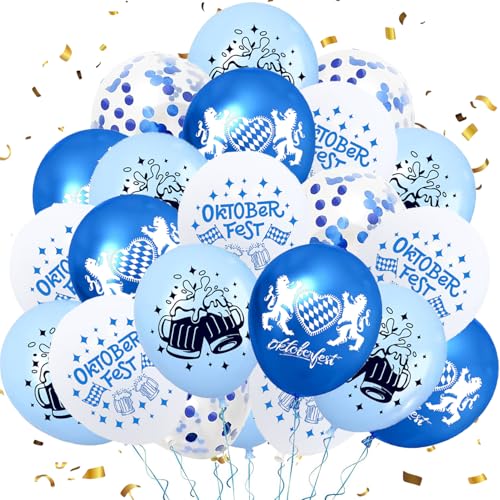 24 Stück Oktoberfest Luftballons Deko, 11'' Weiß Blau Latexballons mit Oktoberfest Motiven und Konfetti, Heliumballon Deko für Bayerische Deko Oktoberfest Deko von NVTRSD